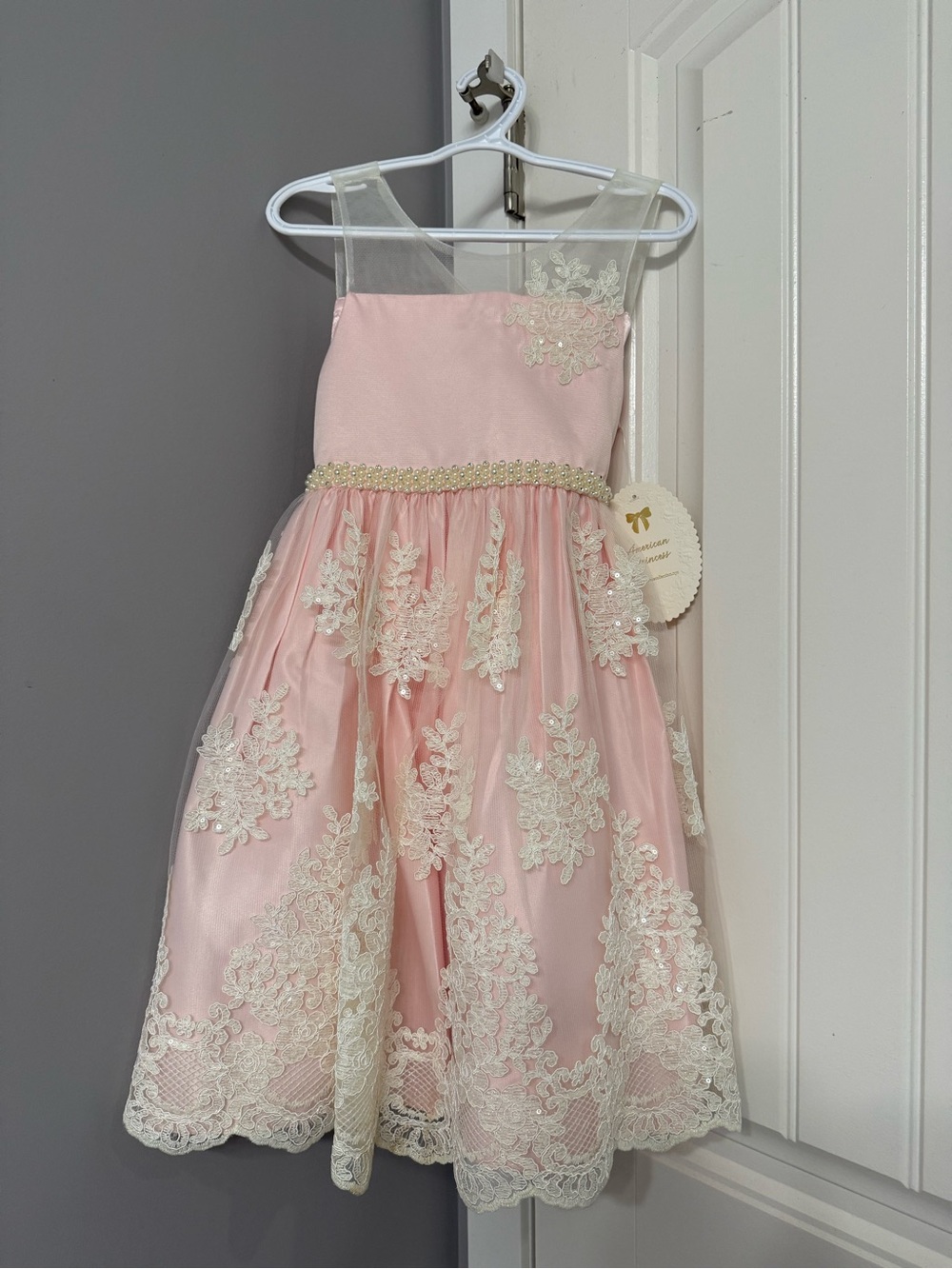 American Princess Pink Dress with Cream Lace and Pearl Waist